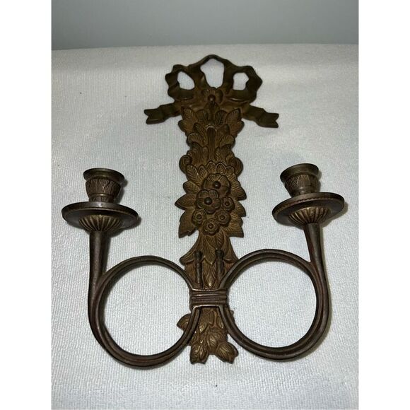 Vintage Brass Wall 2 Taper Candle Holder Sconce Gothic Victorian - Picture 2 of 8